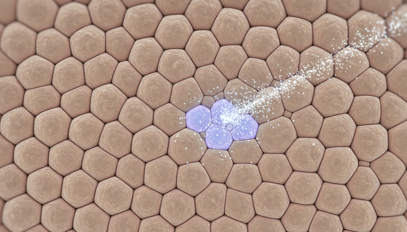 A microscopic view of skin cells, perhaps with some healthy, vibrant cells and a few highlighted or contrasting cells representing the target of treatment, without being overtly graphic or clinical.