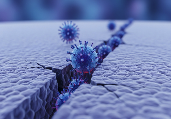 A medical illustration showing the HPV virus entering a skin cell, representing the cause of plantar warts.