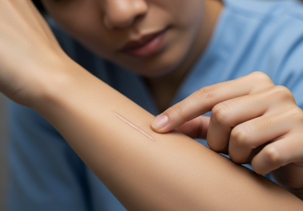 A person examining a healed surgical scar on their arm, representing the post-operative healing process and sensation.