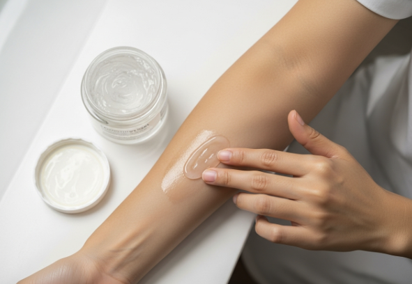 A person applying a soothing gel to a healed scar, symbolizing proper scar care and management to reduce discomfort.