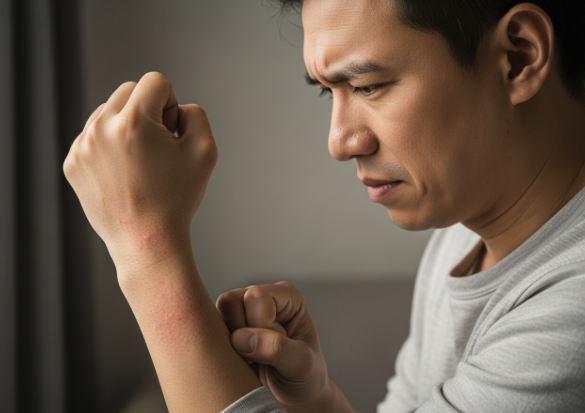 A man resisting the urge to scratch his skin, symbolizing the discomfort and itching associated with certain types of scars.