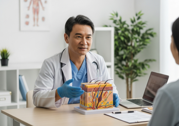 A professional doctor in a sterile clinic environment consulting with a patient about scar treatment options.