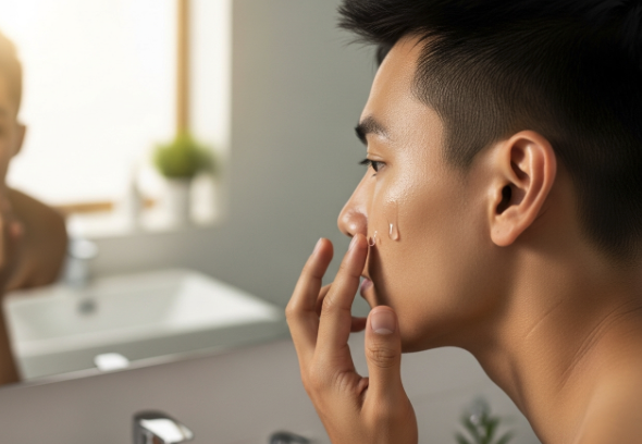 An Asian man applying hydrating serum to his face in a clean bathroom.