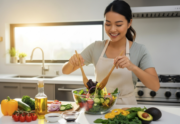 A smiling Asian woman preparing a healthy salad in a bright kitchen.