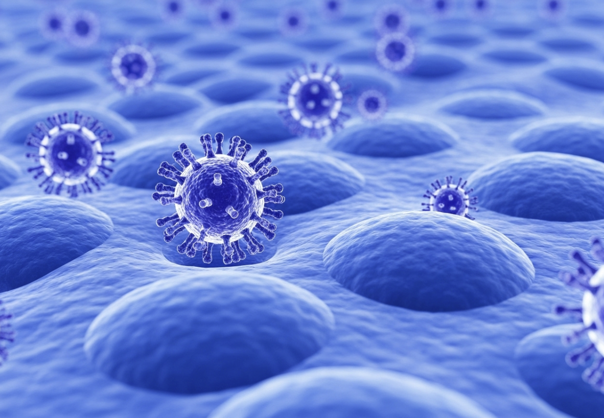 Microscopic view of HPV virus spreading on skin cells, illustrating its contagious nature