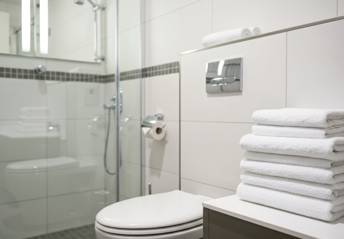 A clean and hygienic hotel bathroom with a toilet and fresh towels