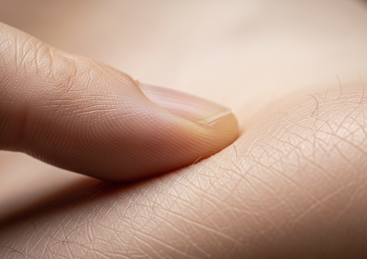 A macro shot of a finger examining the texture of skin on the sole of a foot, representing the tactile check for early plantar wart signs.
