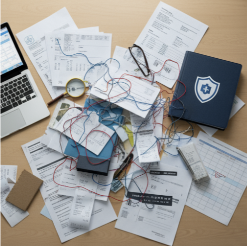 一張桌面俯視圖,上面散落著大量的醫療單據、保險文件、收據,凌亂地堆疊在一起,中間有一本藍色的文件夾上印有盾牌和勾的保險標誌。旁邊有眼鏡和一條纏繞的線,象徵著保險流程的複雜性和可能帶來的混亂。 一張桌面俯視圖,上面散落著大量的醫療單據、保險文件、收據,凌亂地堆疊在一起,中間有一本藍色的文件夾上印有盾牌和勾的保險標誌。旁邊有眼鏡和一條纏繞的線,象徵著保險流程的複雜性和可能帶來的混亂。