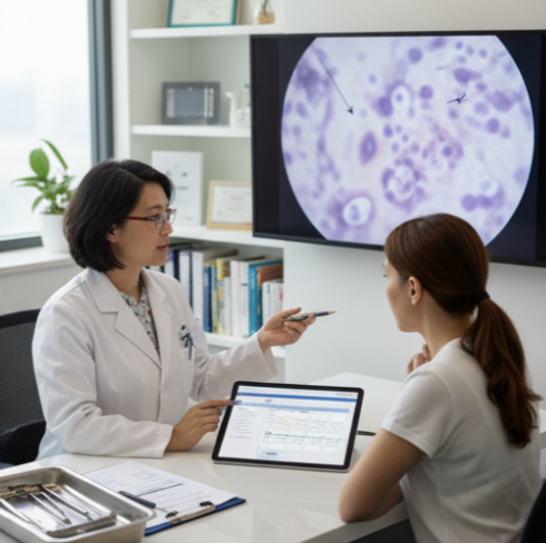 一位穿著白袍、面帶專業微笑的女性醫生,坐在診間的桌子前,她的手指向一張平板電腦上的圖表,向坐在對面的女性病人解釋著什麼。病人的表情專注而略顯困惑。背景應呈現專業、明亮的診所環境,強調醫病溝通。 一位穿著白袍、面帶專業微笑的女性醫生,坐在診間的桌子前,她的手指向一張平板電腦上的圖表,向坐在對面的女性病人解釋著什麼。病人的表情專注而略顯困惑。背景應呈現專業、明亮的診所環境,強調醫病溝通。