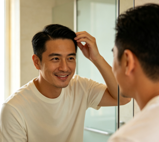 照鏡子充滿自信的男生