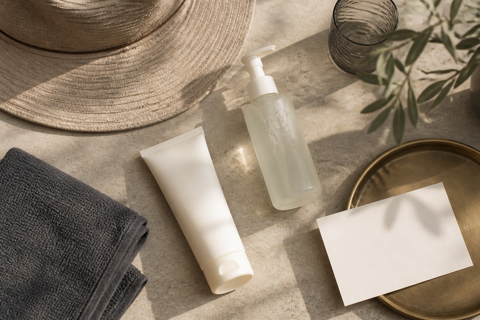 Elegant SMP aftercare flat lay with a sun hat, sunscreen, mild cleanser and clean towel on warm ivory stone