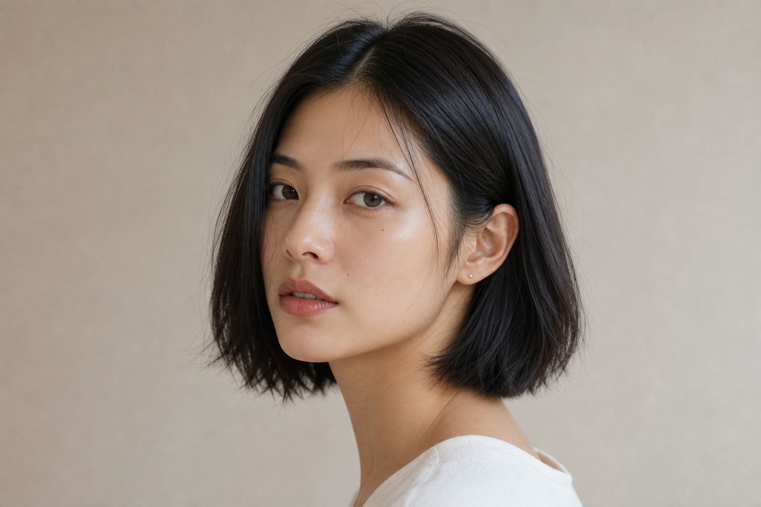 Asian woman with a softly structured boyfriend bob haircut under neutral salon lighting