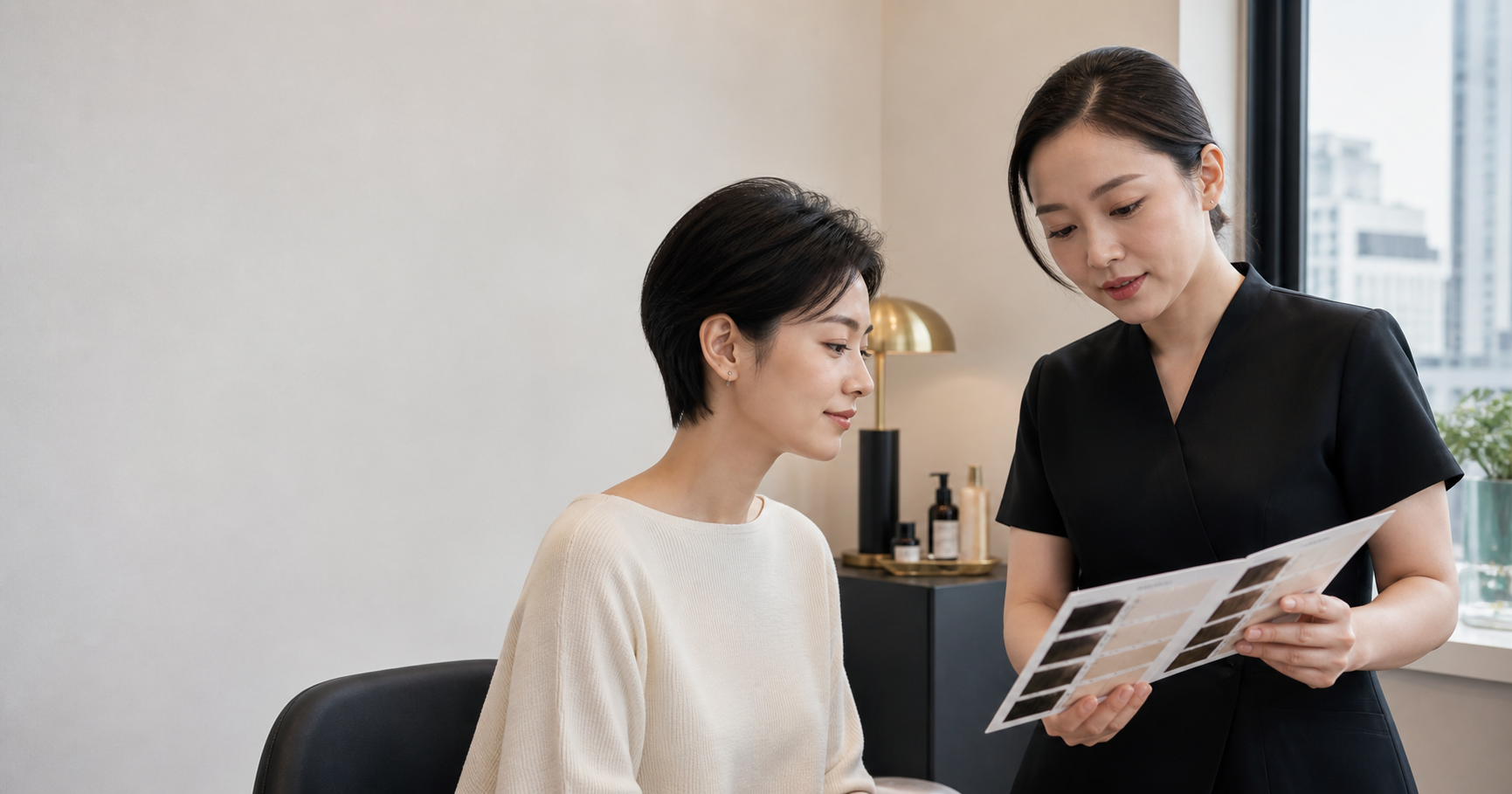 Asian female client discussing a natural SMP colour plan with an Asian female practitioner in a calm Hong Kong studio