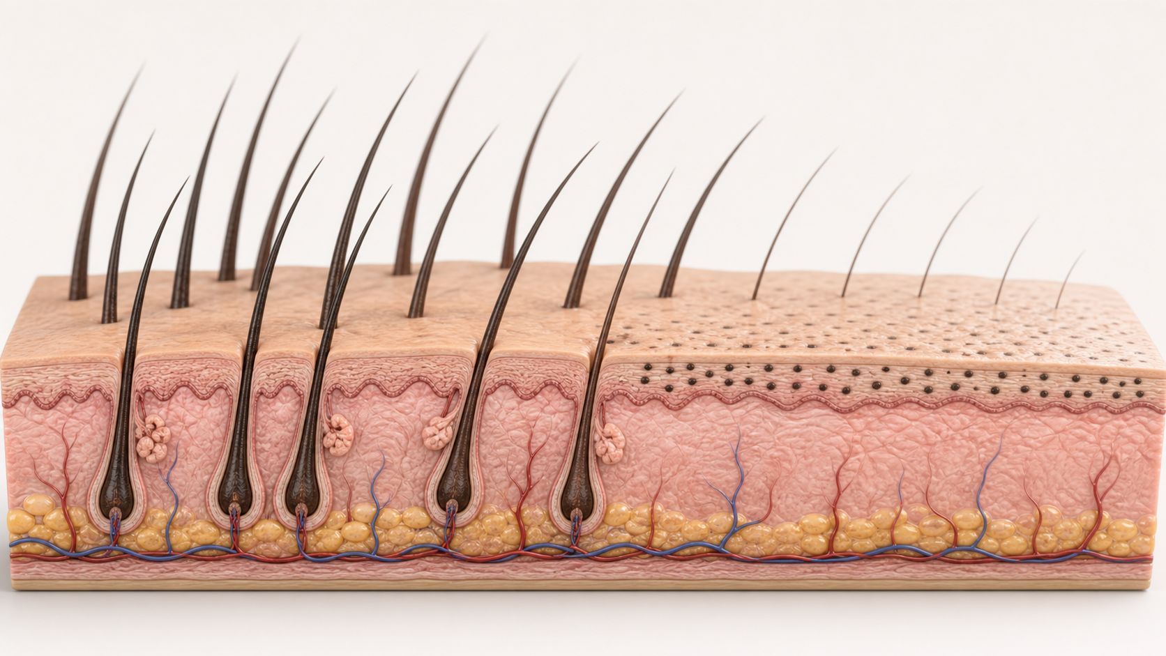 Medical cutaway showing superficial SMP pigment impressions apart from deeper natural hair follicles