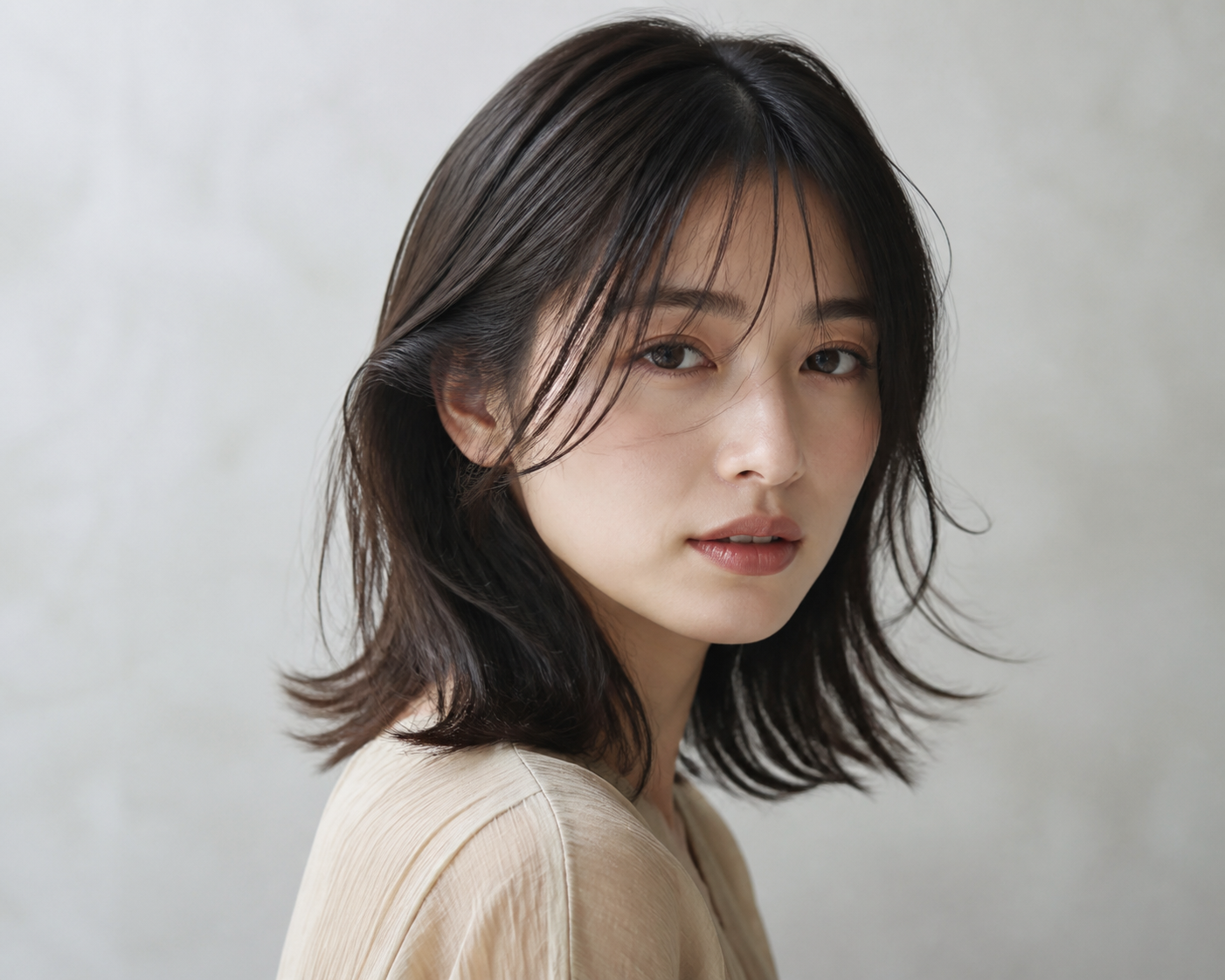 Asian woman wearing a soft whisper fringe with natural movement and airy texture