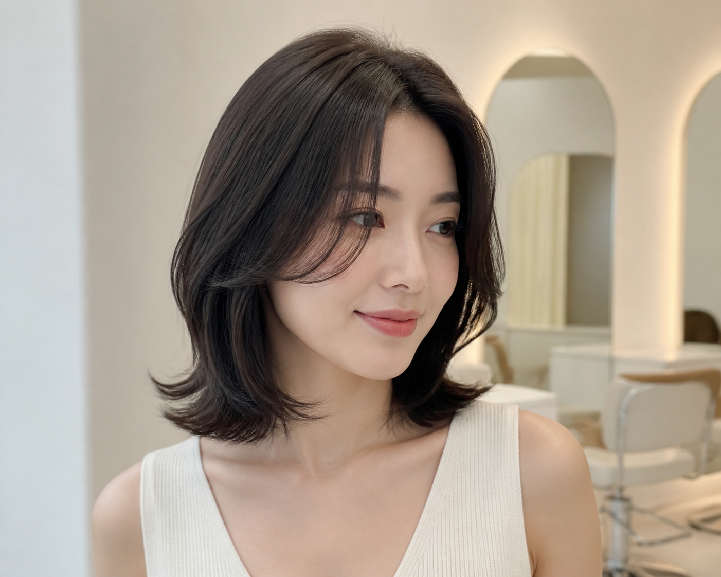 Asian woman with a collarbone-length butterfly bob and soft face-framing layers