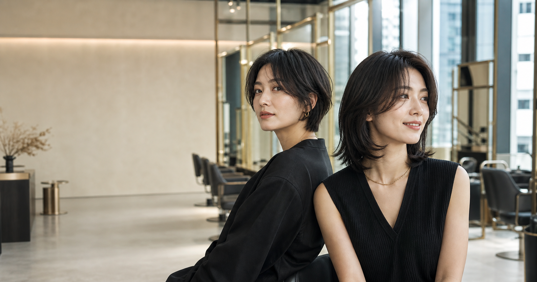 Two Asian women wearing a boyfriend bob and butterfly bob in a refined Hong Kong salon