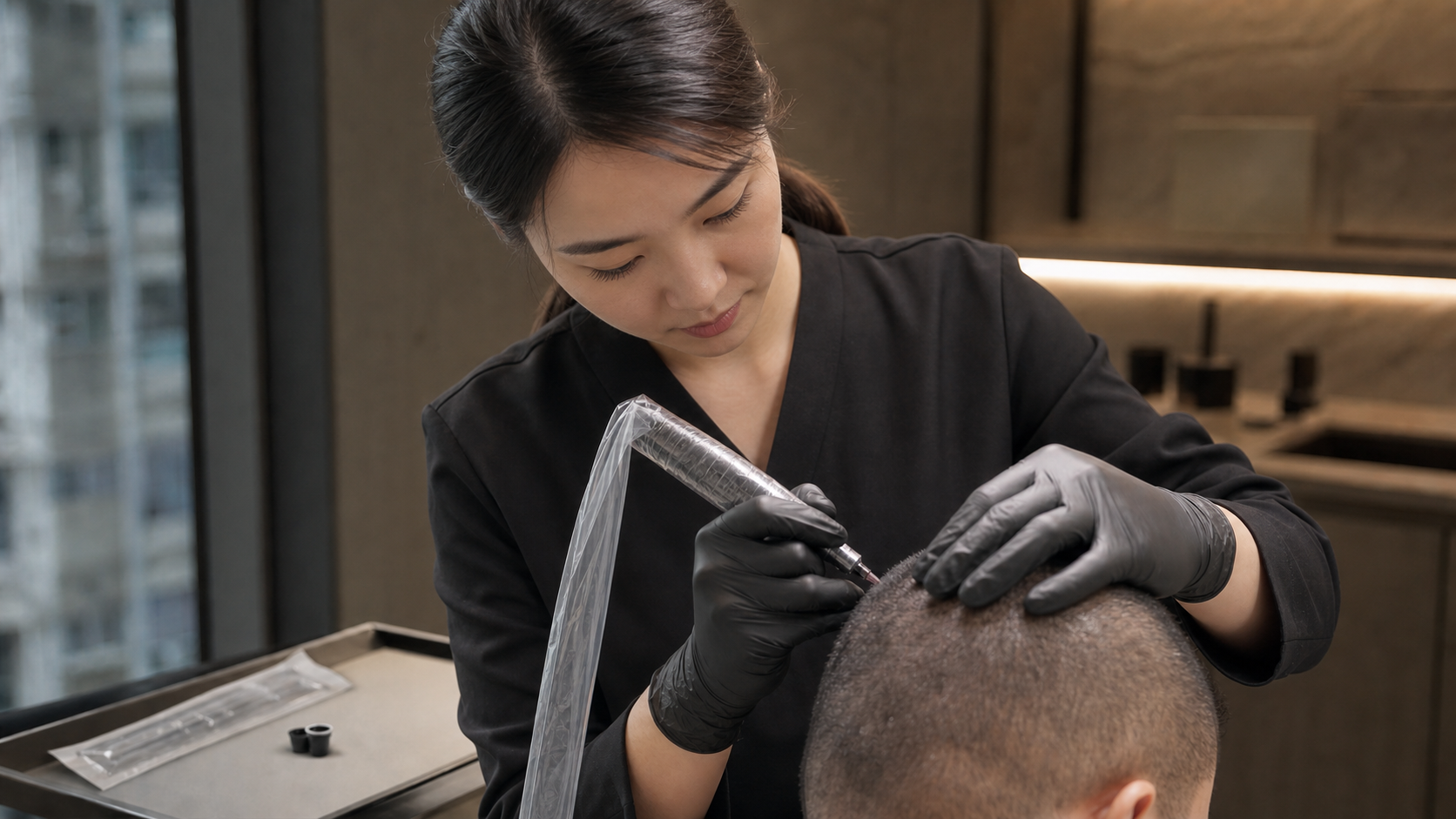 Asian female practitioner performing a hygienic dot-by-dot SMP procedure with barrier protection