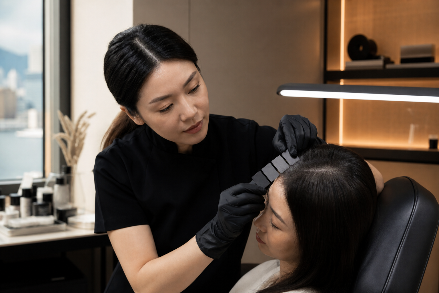 Asian female SMP practitioner checking pigment shades against a client scalp under neutral daylight and warm indoor light