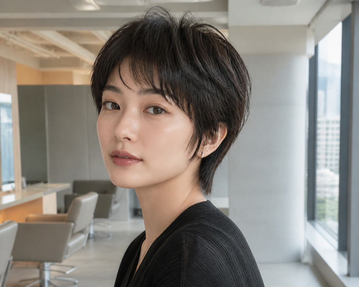 Asian woman with a refined pixie shag haircut featuring soft texture and natural volume