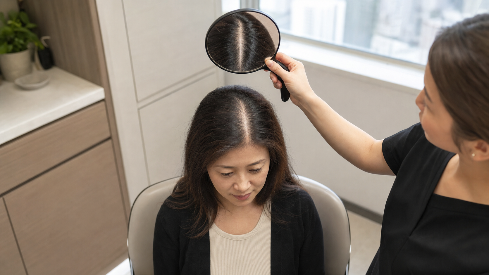 Asian woman reviewing a widened hair part during a respectful SMP suitability assessment