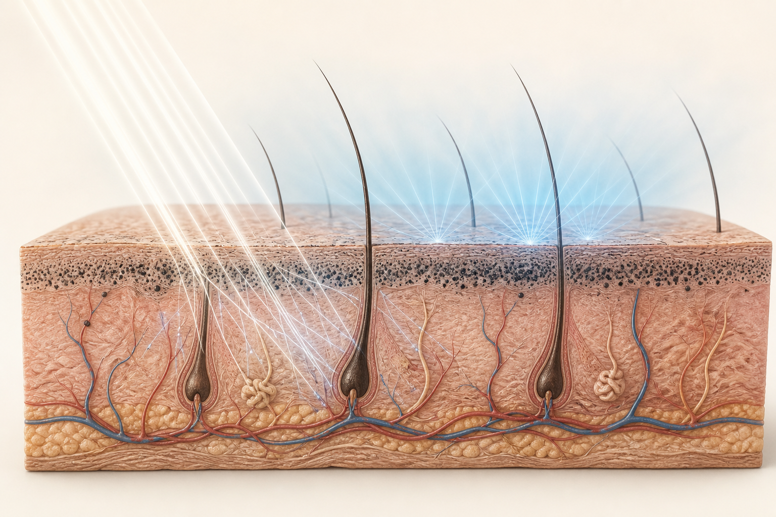 Educational cutaway of scalp skin showing light scattering above superficial SMP pigment dots and deeper hair follicles