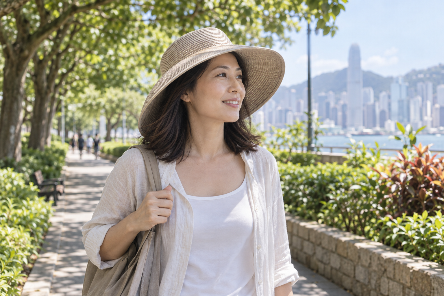 Asian woman with a wider hair part wearing a tightly woven wide-brimmed hat for scalp sun protection.