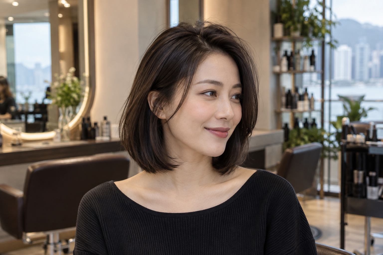 Asian woman with a softly layered bob and natural root lift for the appearance of fuller postpartum hair.