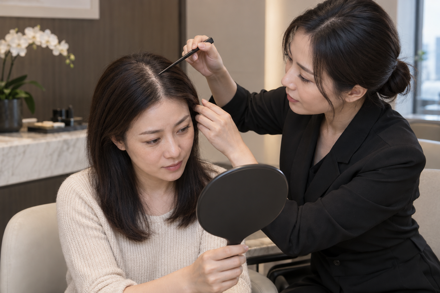 Asian woman receiving a professional SMP suitability assessment after postpartum hair shedding has stabilised.