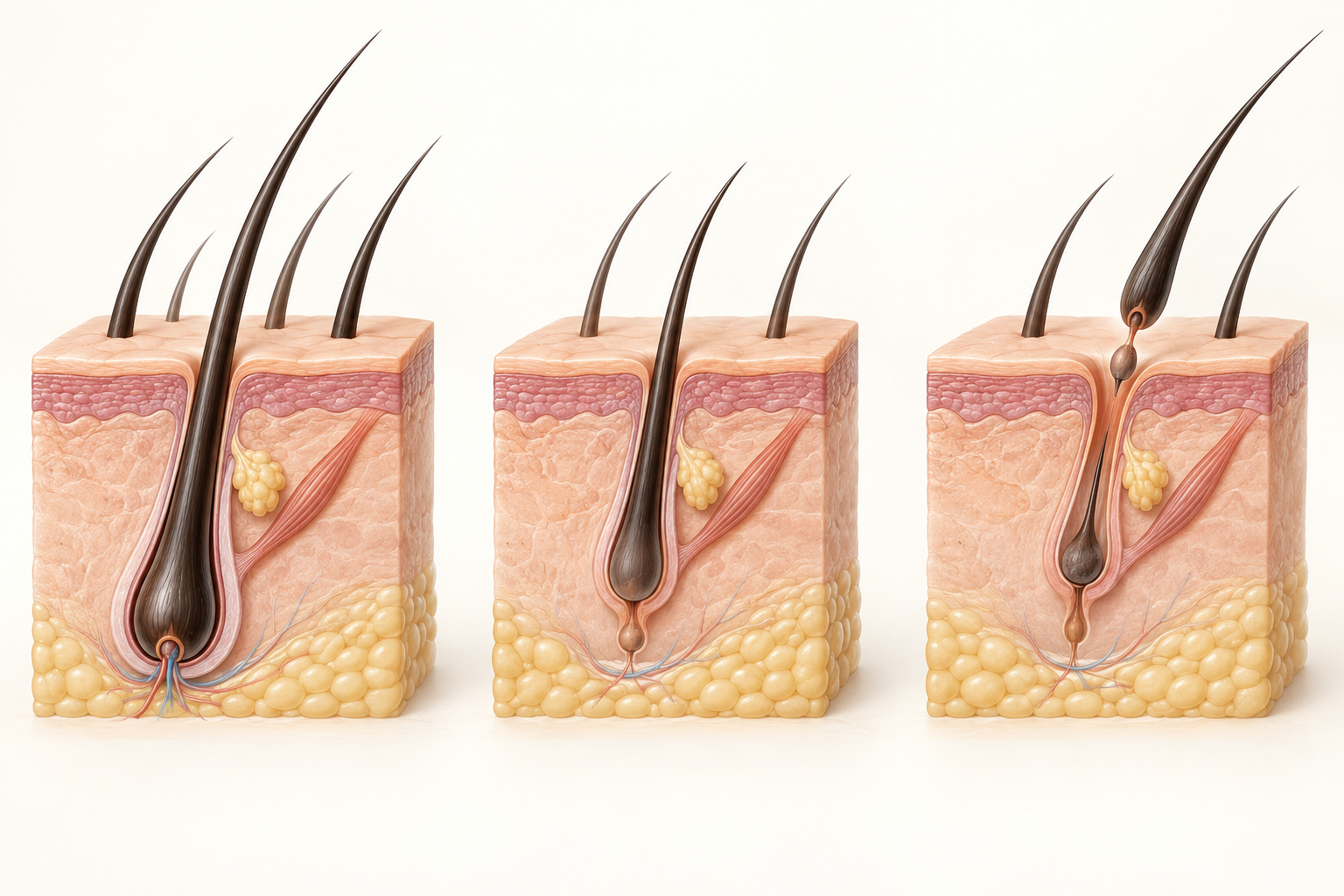 Educational illustration of hair follicles progressing through growth, rest and shedding stages.
