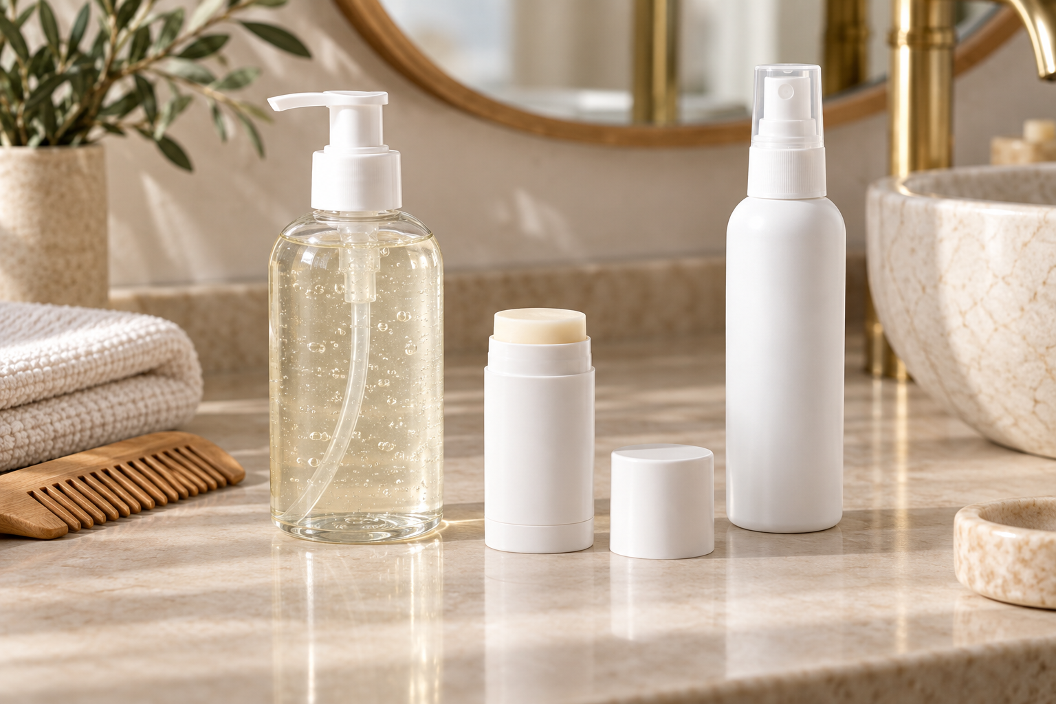 Unbranded gel, stick and spray sunscreen formats arranged beside a wooden comb for scalp care.