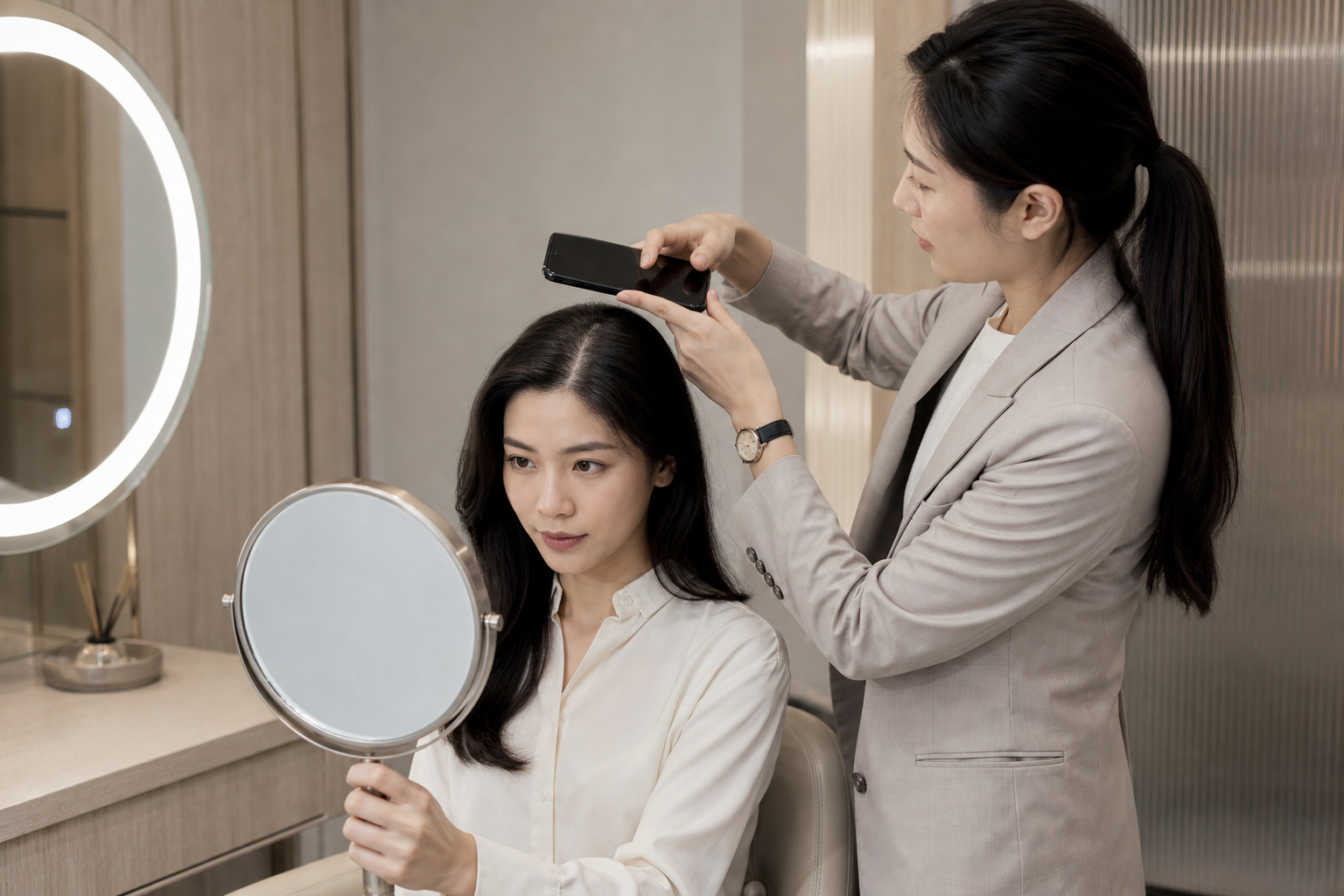 Asian female consultant documenting a client’s hair part under consistent studio lighting.