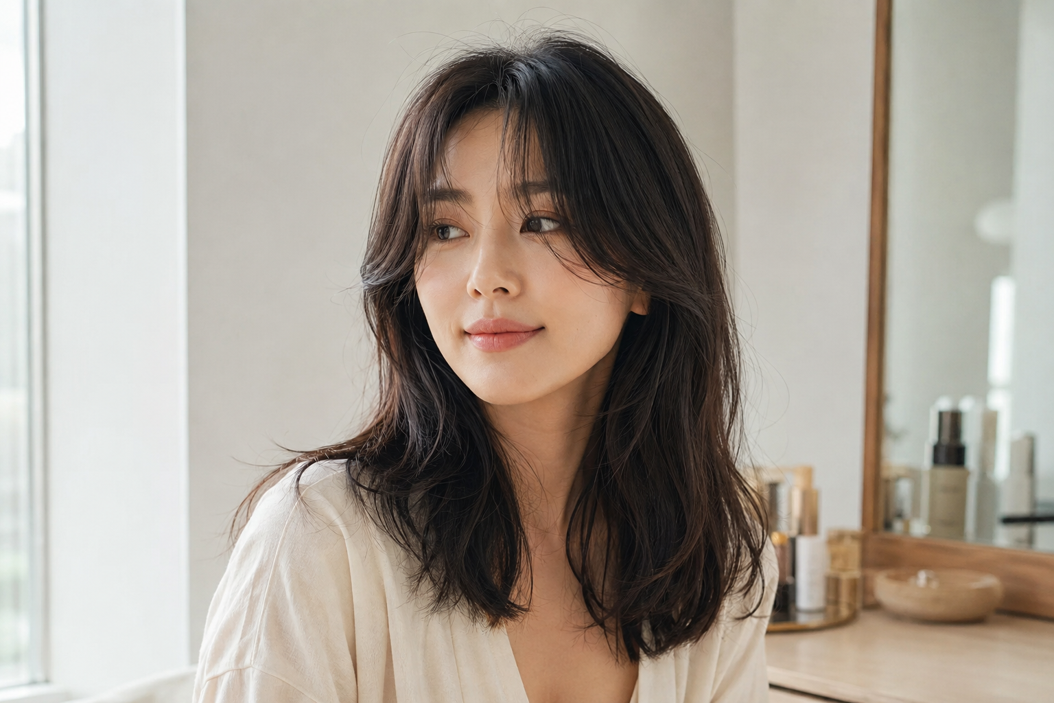 Asian woman wearing soft curtain bangs blended into cheekbone-length layers.
