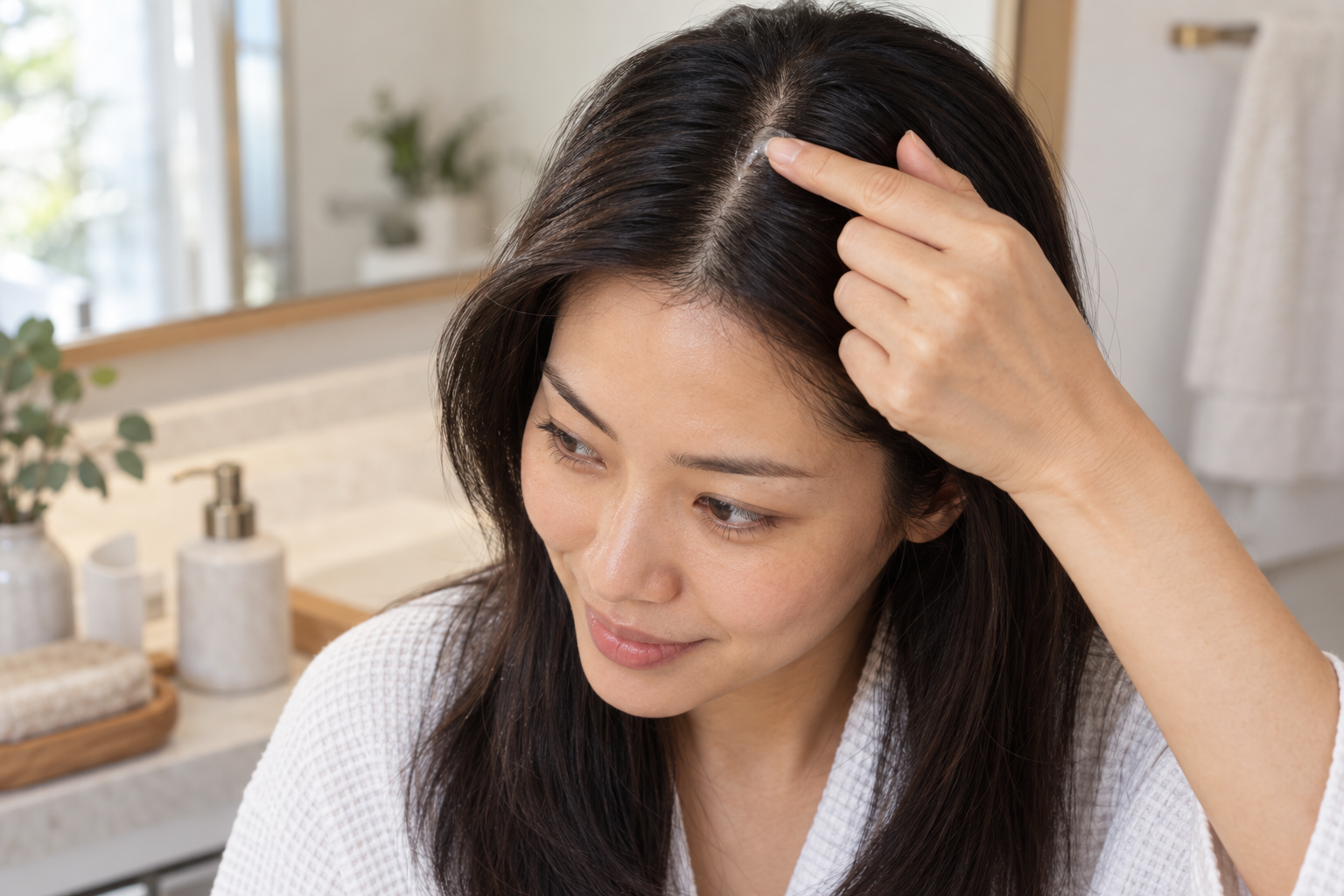Asian woman applying transparent sunscreen gel along her exposed scalp part line.