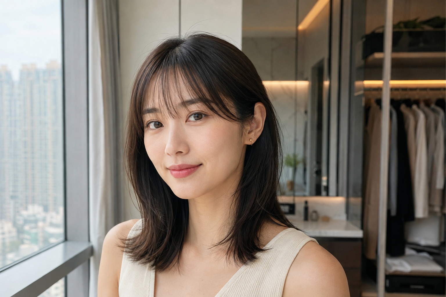 Asian woman with a light wispy fringe suited to fine straight hair.