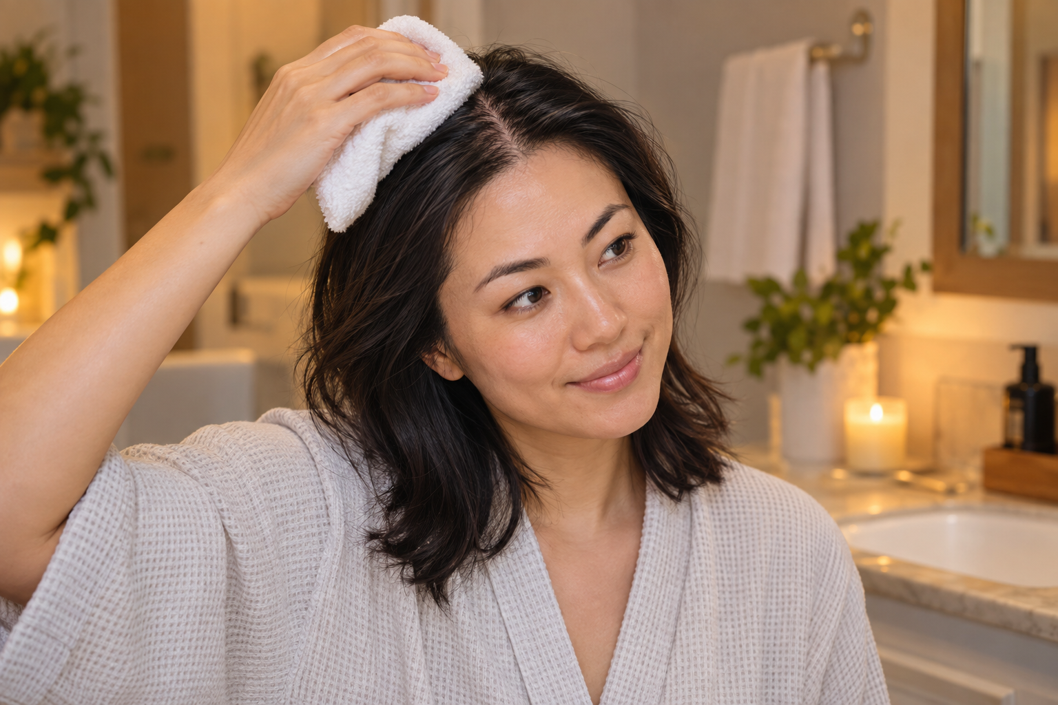 Asian woman gently cooling a mildly sun-exposed scalp with a damp cloth at home.
