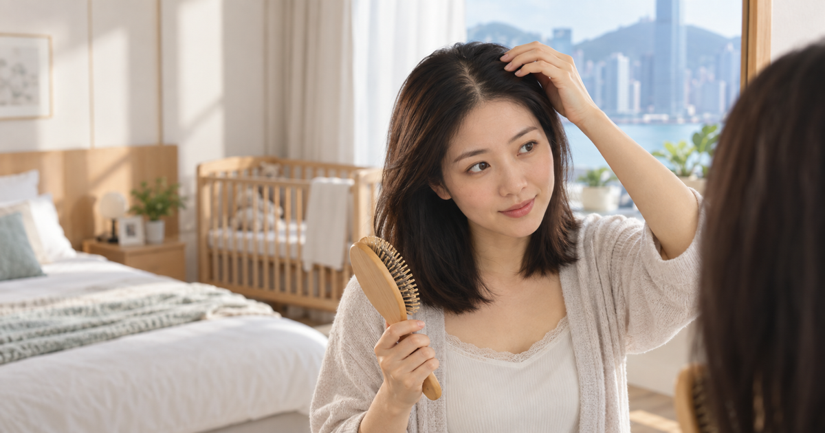 Asian woman checking a widened hair part during temporary postpartum hair shedding at home in Hong Kong.