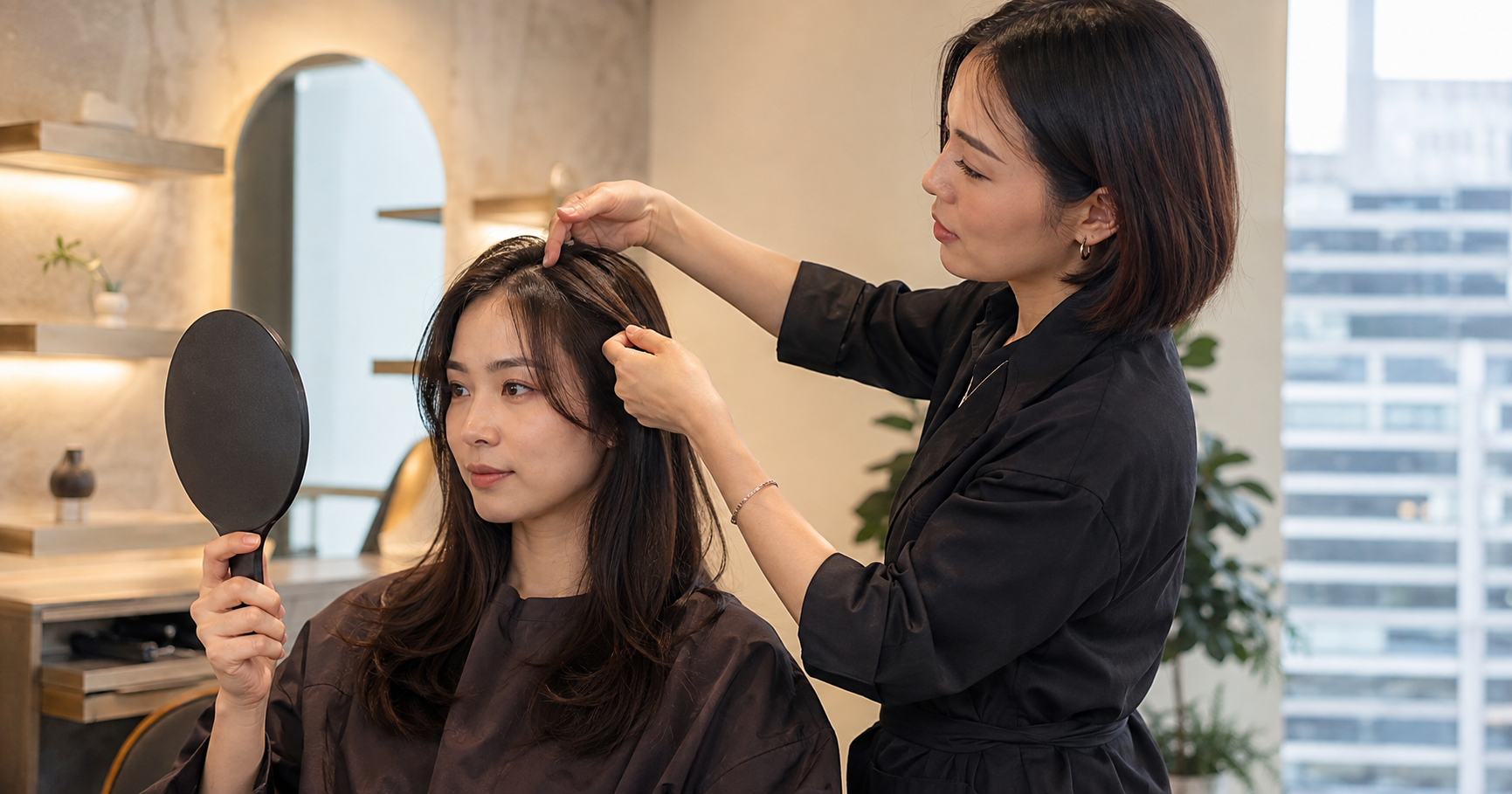 Asian woman reviewing soft curtain bangs with a female hairstylist in a Hong Kong salon.`