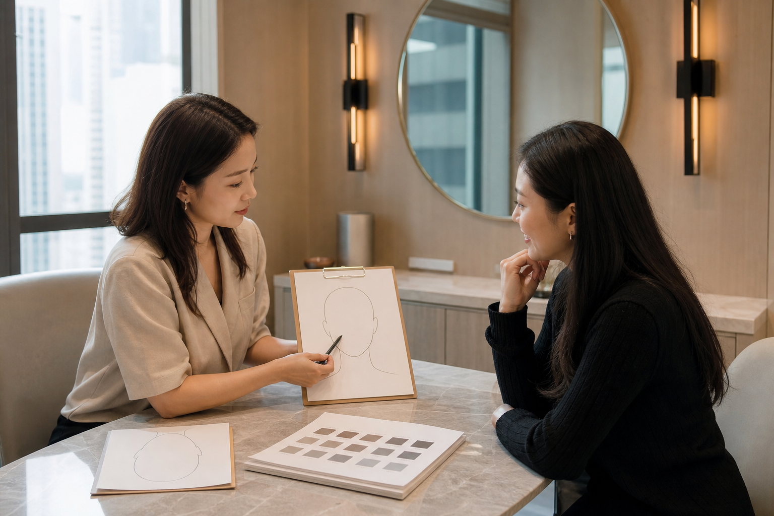Asian women discussing a personalised female scalp micropigmentation plan in a private studio.