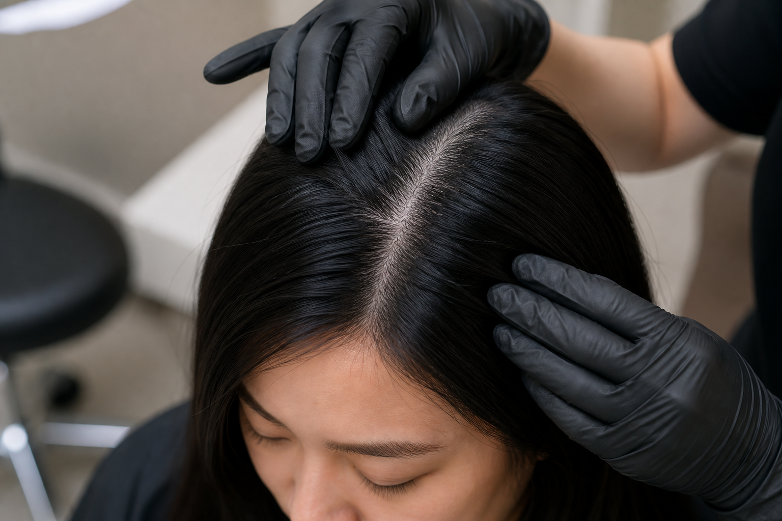 Close view of an Asian woman’s centre hair part being assessed for subtle visual density.