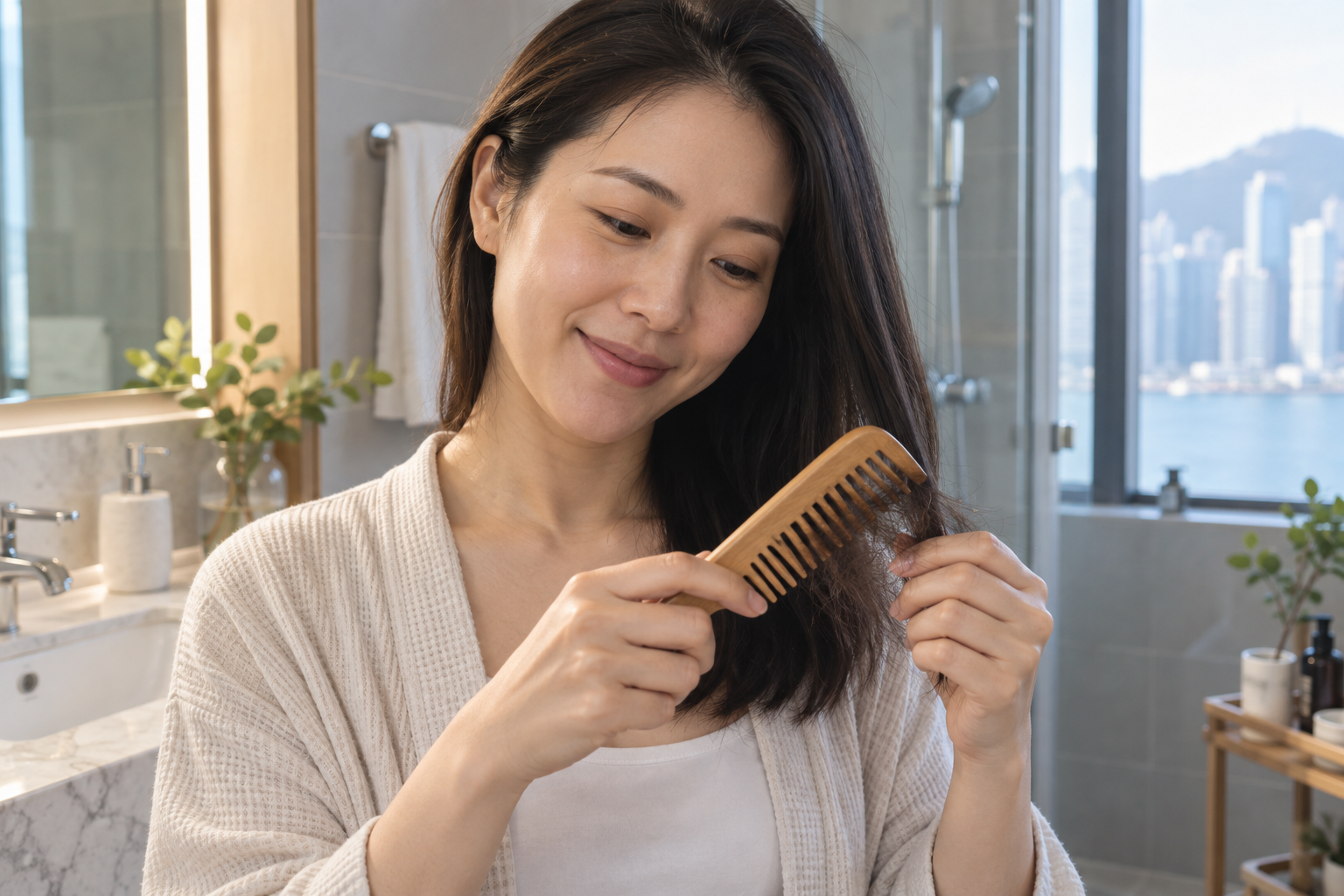 Asian woman gently combing postpartum hair with a wide-tooth wooden comb to reduce breakage.