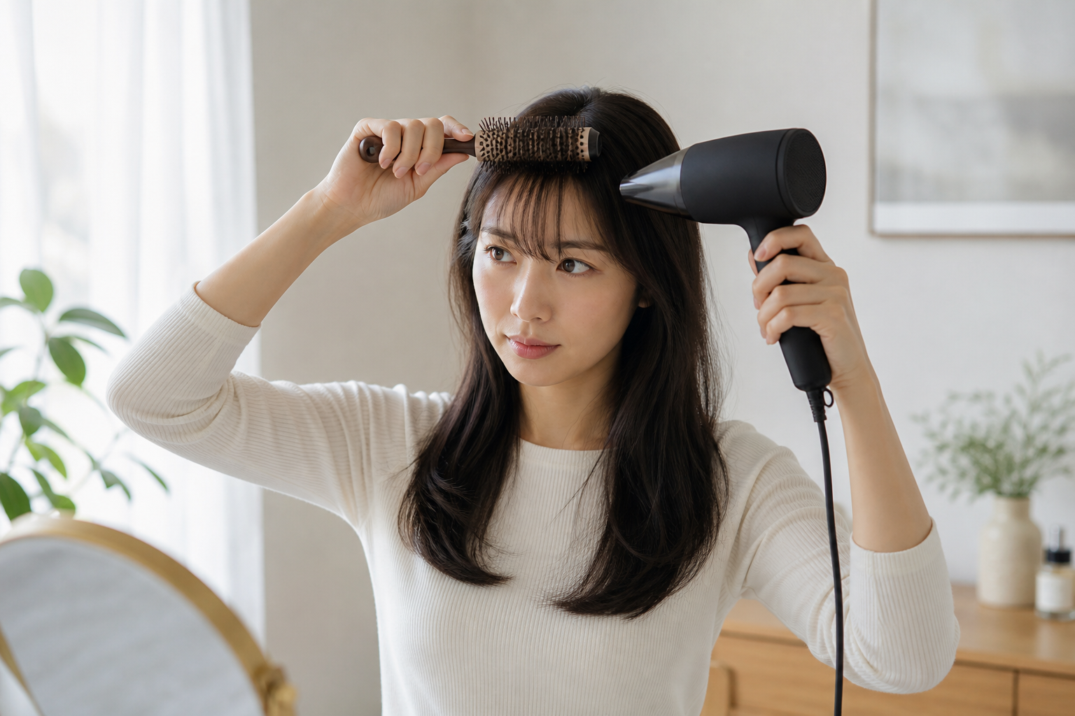 Asian woman gently blow-drying her fringe with a round brush on low heat.