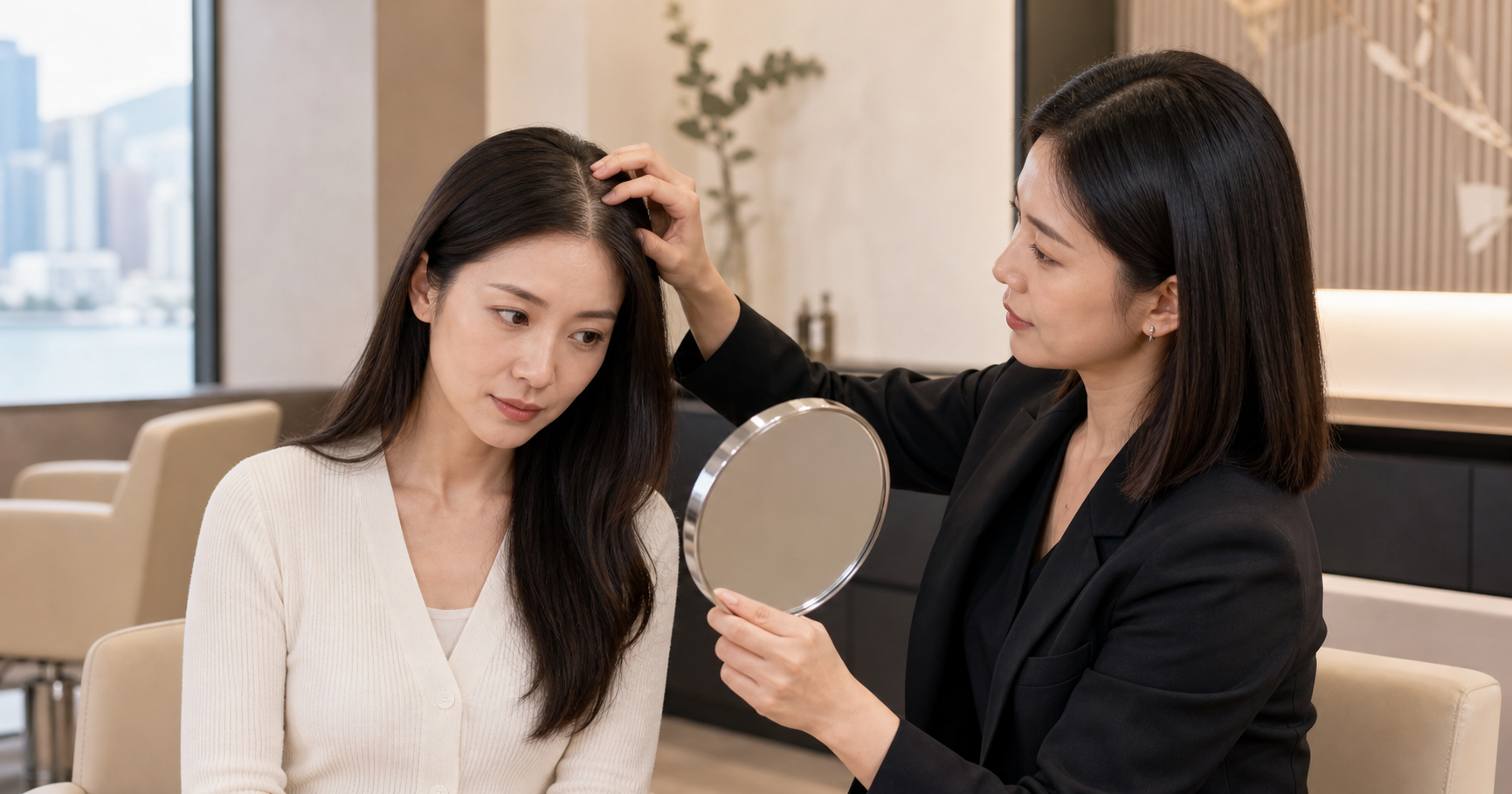 Asian female client having her centre hair part assessed during an SMP consultation
